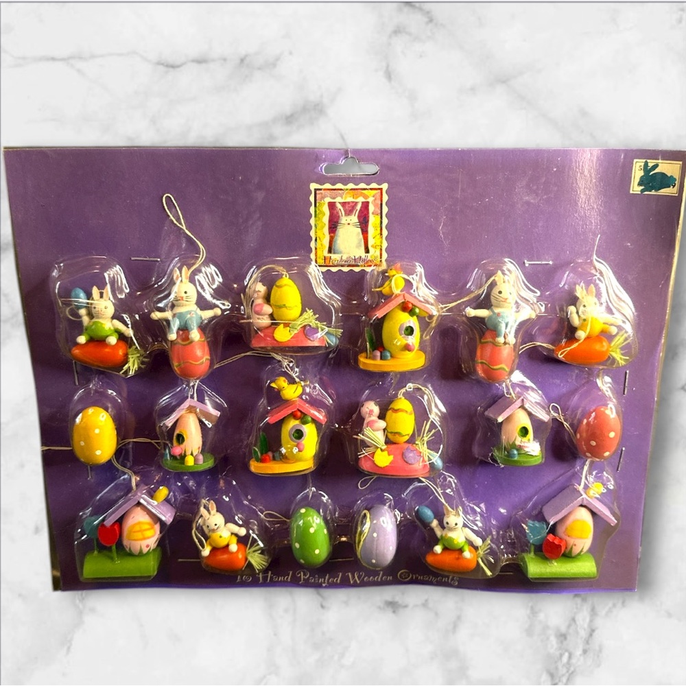 Vintage 1995 set of 18  wooden hand painted Easter ornaments Sealed